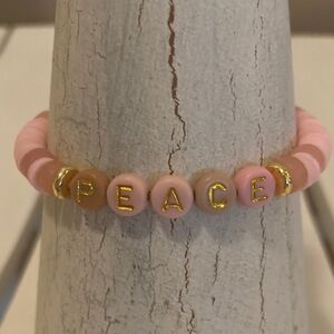 HANDMADE PEACE PINK BRACELET GOLD BEADED LETTERS PASTEL BEAD STRETCH NWT